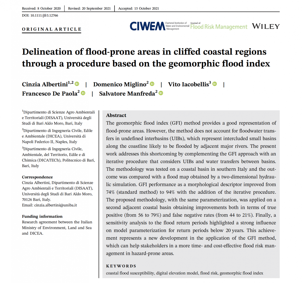 Delineation of flood-prone areas in cliffed coastal regions through a procedure based on the geomorphic flood index