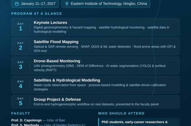 Flyer of the IAHS Academy 2027 short course Remote Sensing for Hydrogeomorphic Modeling, 11-17 January 2027, Eastern Institute of Technology, Ningbo, China