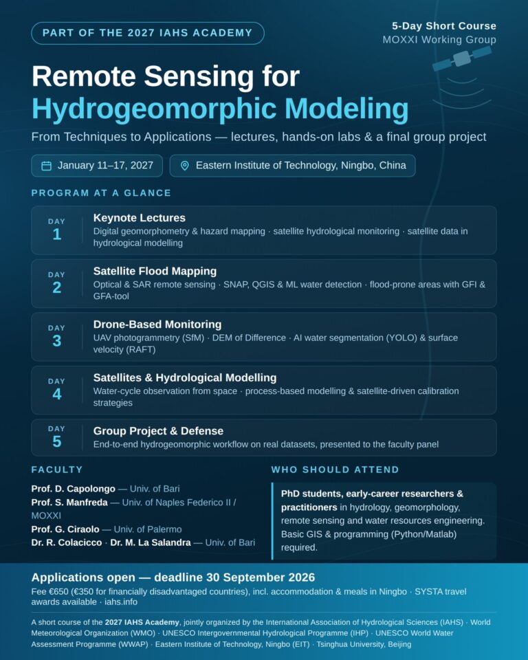 Flyer of the IAHS Academy 2027 short course Remote Sensing for Hydrogeomorphic Modeling, 11-17 January 2027, Eastern Institute of Technology, Ningbo, China