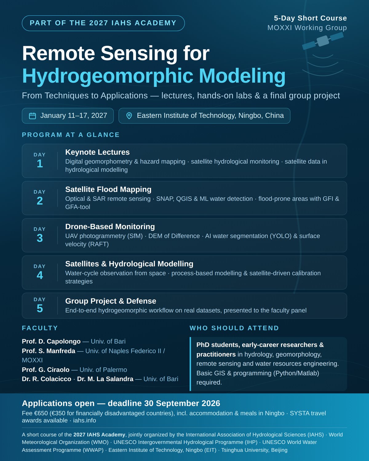 Flyer of the IAHS Academy 2027 short course Remote Sensing for Hydrogeomorphic Modeling, 11–17 January 2027, Eastern Institute of Technology, Ningbo, China