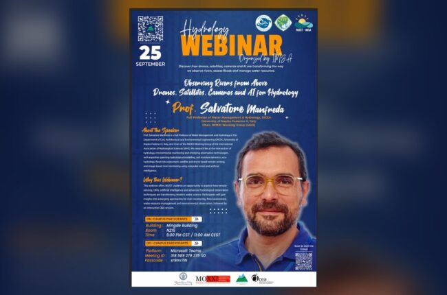 Poster of the Hydrology Webinar “Observing Rivers from Above: Drones, Satellites, Cameras and AI for Hydrology” by Prof. Salvatore Manfreda, organized by IMSA at NUIST, 25 September 2026