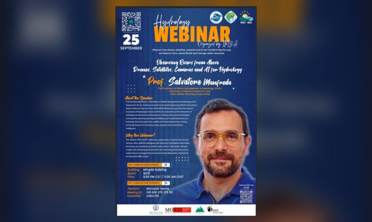 Poster of the Hydrology Webinar “Observing Rivers from Above: Drones, Satellites, Cameras and AI for Hydrology” by Prof. Salvatore Manfreda, organized by IMSA at NUIST, 25 September 2026