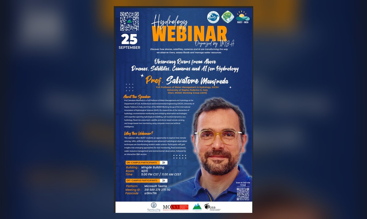 Poster of the Hydrology Webinar “Observing Rivers from Above: Drones, Satellites, Cameras and AI for Hydrology” by Prof. Salvatore Manfreda, organized by IMSA at NUIST, 25 September 2026