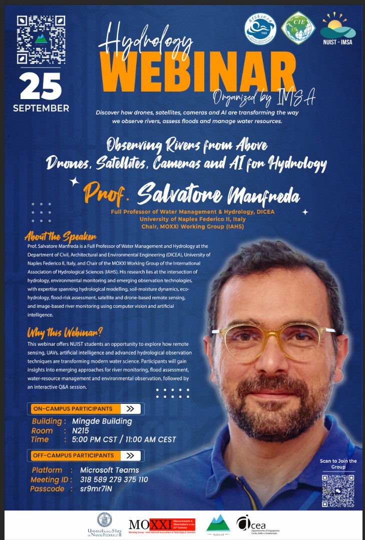 Poster of the Hydrology Webinar “Observing Rivers from Above: Drones, Satellites, Cameras and AI for Hydrology” by Prof. Salvatore Manfreda, organized by IMSA at NUIST, 25 September 2026