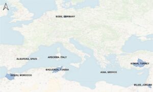 Map of the eight OurMED demonstration sites across the Mediterranean basin where Nature-based Solutions were validated with local experts