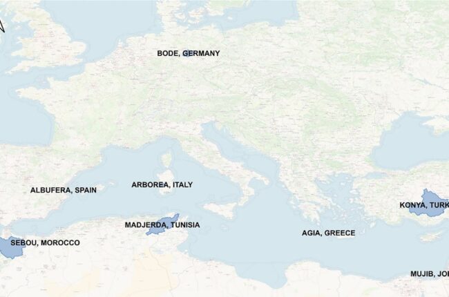 Map of the eight OurMED demonstration sites across the Mediterranean basin where Nature-based Solutions were validated with local experts