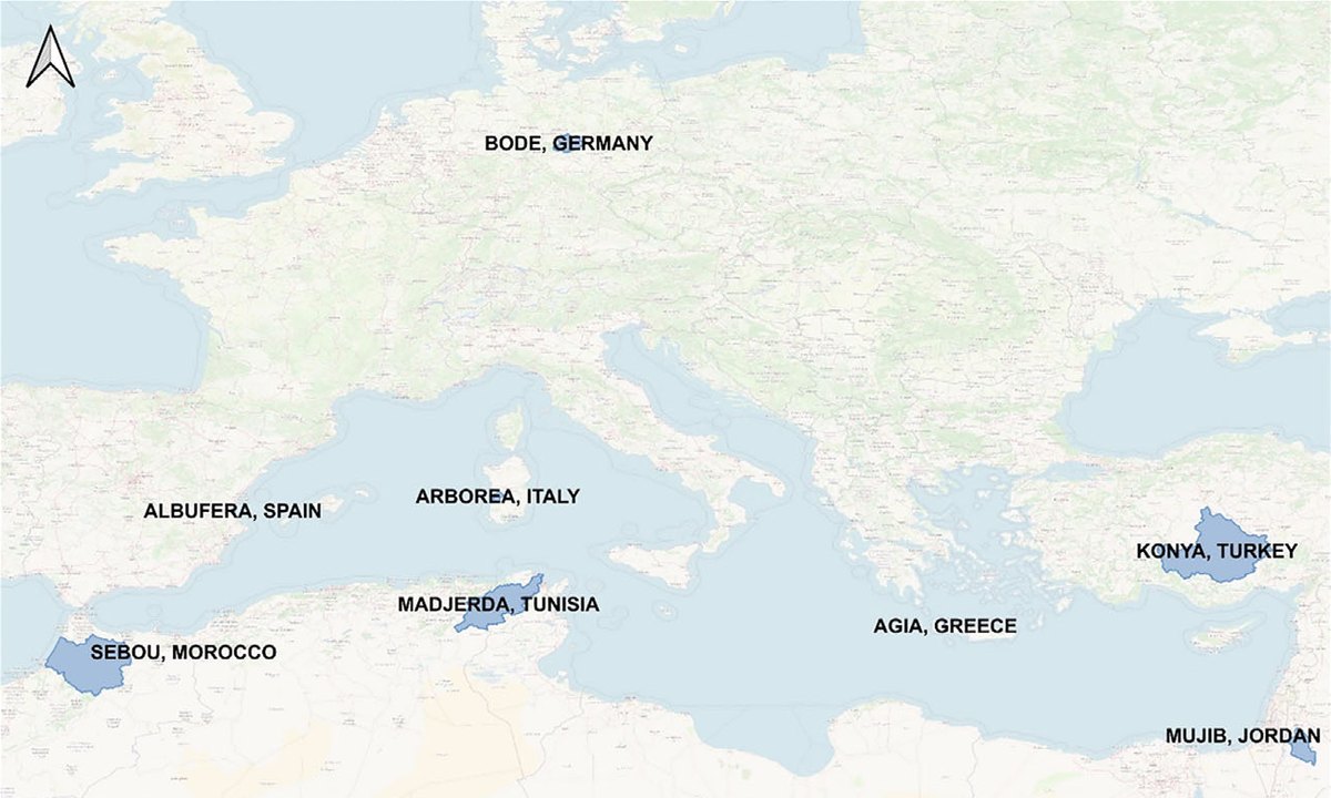 Map of the eight OurMED demonstration sites across the Mediterranean basin where Nature-based Solutions were validated with local experts
